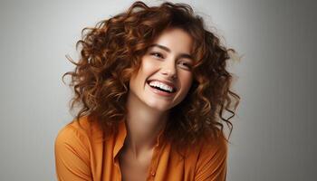 ai generato sorridente donna, giovane adulto, bellezza, felicità, Riccio capelli, allegro generato di ai foto