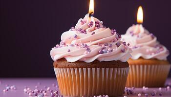 ai generato fatti in casa compleanno Cupcake con cioccolato glassatura, candela, e decorazione generato di ai foto