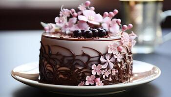 ai generato fatti in casa cioccolato torta con frustato crema e fresco fragole generato di ai foto