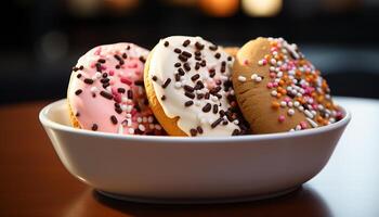 ai generato fatti in casa buongustaio dolce dolce, indulgente cioccolato ciambella con colorato glassatura generato di ai foto