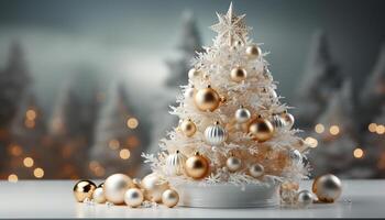 ai generato Natale albero raggiante con brillante oro ornamenti e decorazioni generato di ai foto