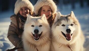 ai generato sorridente bambino e cane scherzosamente slitta nel nevoso inverno generato di ai foto