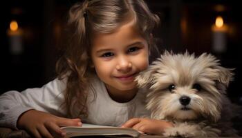 ai generato sorridente ragazza lettura libro con carino cucciolo nel accogliente casa generato di ai foto