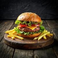 ai generato gustoso Hamburger con francese patatine fritte foto