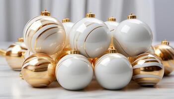 ai generato Natale ornamento decorazione nel un' riga, brillante oro palla collezione generato di ai foto