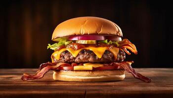 ai generato grigliato buongustaio hamburger al formaggio su di legno tavolo, malsano ma delizioso generato di ai foto