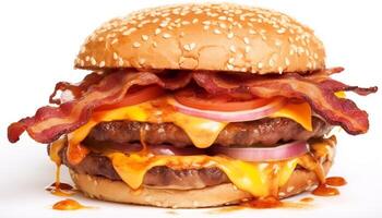 ai generato grigliato hamburger con formaggio, Bacon, e fresco verdure su Ciabatta generato di ai foto