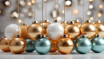 ai generato Natale ornamenti nel vivace colori appendere su un' Natale albero generato di ai foto