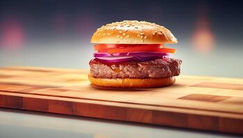 ai generato fresco buongustaio hamburger su di legno tavolo, vicino su di grigliato carne generato di ai foto
