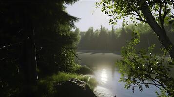 ai generato sole brilla attraverso alberi riflettendo su acqua. generativo ai. foto