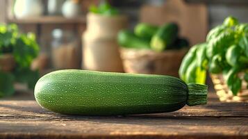 ai generato fresco zucchine verdura su un' di legno tavolo foto