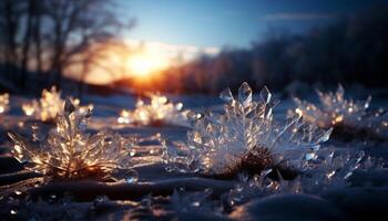 ai generato inverno all'aperto vicino su di neve coperto albero nel tramonto generato di ai foto