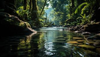 ai generato tranquillo tropicale foresta pluviale, verde alberi riflettere nel fluente acqua generato di ai foto