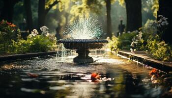 ai generato tranquillo scena verde albero, fluente acqua, e fioritura fiori generato di ai foto