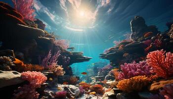 ai generato subacqueo scogliera pesce nel natura, nuoto sotto Multi colorato corallo generato di ai foto