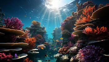 ai generato subacqueo scogliera pesce nel natura, in profondità blu mare vita nuoto generato di ai foto