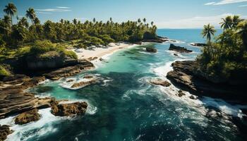 ai generato maestoso costa, onda si blocca su scogliera, tranquillo tropicale bellezza generato di ai foto