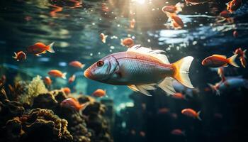 ai generato vivace subacqueo bellezza pesce, corallo, e un' scuola di colori generato di ai foto