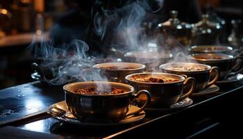 ai generato caldo caffè vapori su tavolo, rinfrescante bevanda per buongustaio freschezza generato di ai foto