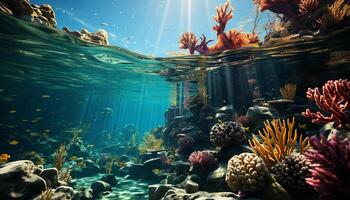ai generato subacqueo scogliera pesce nel natura, nuoto sotto blu tropicale acqua generato di ai foto