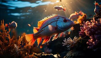 ai generato subacqueo pesce nuoto nel colorato scogliera, naturale bellezza nel movimento generato di ai foto