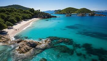 ai generato chiaro cielo, turchese acqua, sabbioso spiaggia Perfetto estate vacanza generato di ai foto