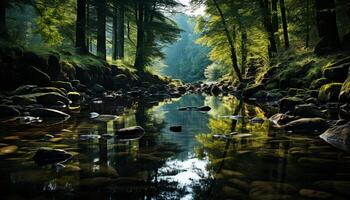 ai generato tranquillo scena verde paesaggio, riflettendo montagna, fluente acqua, tranquillo, calmo foresta generato di ai foto