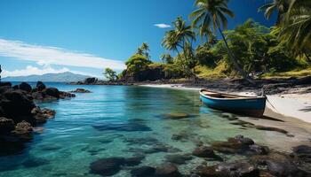 ai generato tropicale costa, blu paesaggio marino, palma albero tranquillo bellezza generato di ai foto