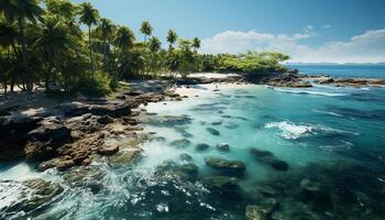 ai generato tropicale costa, blu onda, sabbioso spiaggia, tranquillo palma albero generato di ai foto