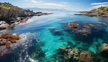 ai generato idilliaco tropicale costa, blu acqua, roccia, e tranquillo natura generato di ai foto