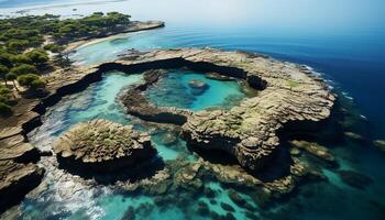 ai generato aereo Visualizza di turchese costa, tranquillo paesaggio marino, e tropicale bellezza generato di ai foto