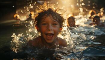 ai generato allegro bambini giocando nel il acqua, godendo estate vacanze generato di ai foto