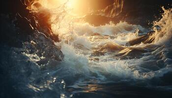 ai generato tramonto al di sopra di il oceano, onde spruzzi su il sabbioso riva generato di ai foto