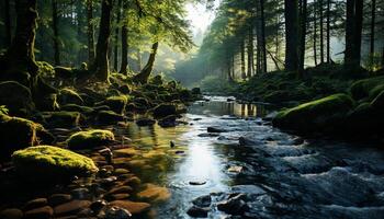 ai generato tranquillo scena verde foglie, fluente acqua, riflettendo naturale bellezza generato di ai foto