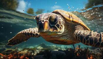 ai generato un' lento mare tartaruga nuoto nel il blu subacqueo generato di ai foto