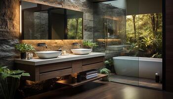 ai generato moderno, elegante bagno design con lussuoso marmo Lavello e vasca da bagno generato di ai foto