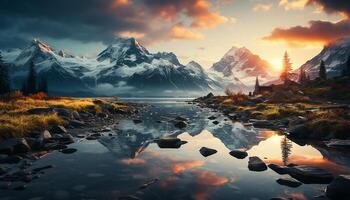 ai generato maestoso montagna picco riflette tranquillo tramonto al di sopra di nevoso paesaggio generato di ai foto