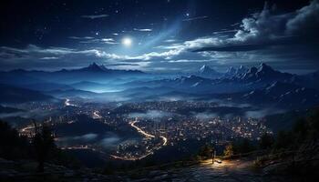 ai generato tranquillo montagna picco illuminato di chiaro di luna nel buio notte generato di ai foto