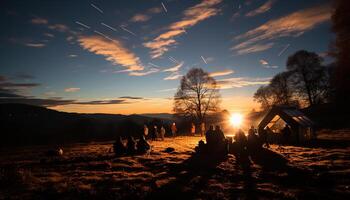 ai generato gruppo di persone escursioni a piedi nel il montagne a tramonto generato di ai foto