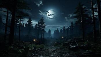 ai generato spaventoso chiaro di luna rivela misterioso bellezza nel abbandonato foresta paesaggio generato di ai foto
