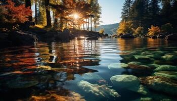 ai generato tranquillo scena autunno foresta riflette vivace colori nel tranquillo stagno generato di ai foto