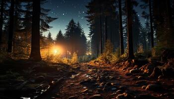 ai generato tranquillo autunno notte, buio foresta, illuminato di stellato cielo generato di ai foto