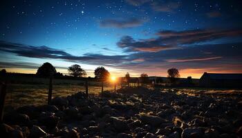 ai generato tramonto al di sopra di rurale paesaggio, natura bellezza nel tranquillo prato generato di ai foto