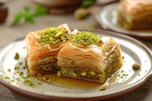 ai generato baklava con pistacchio Noce su piatto, stratificato Pasticcino dolce fatto di Filo Pasticcino, e zuccherato con sciroppo o miele foto