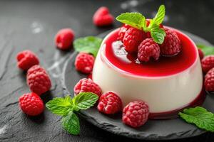 ai generato panna cotta con lamponi salsa e fresco menta. generativo ai foto