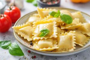 ai generato zucca ravioli, delizioso e sontuoso bianca cucina arredamento. generativo ai foto