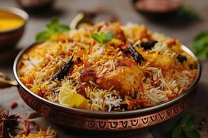 ai generato reale festa, maestro il arte di pollo biryani a casa. generativo ai foto