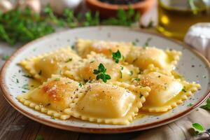 ai generato zucca ravioli, delizioso e sontuoso bianca cucina arredamento. generativo ai foto