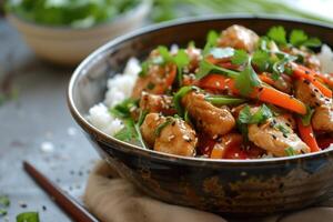 ai generato asiatico ispirato mangia, elevando pollo saltato in padella. generativo ai foto