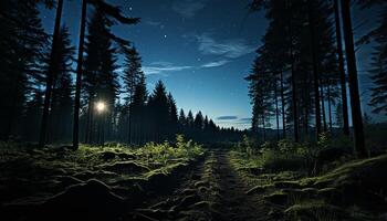 ai generato misterioso notte cielo si illumina tranquillo foresta, rivelatrice natura bellezza generato di ai foto